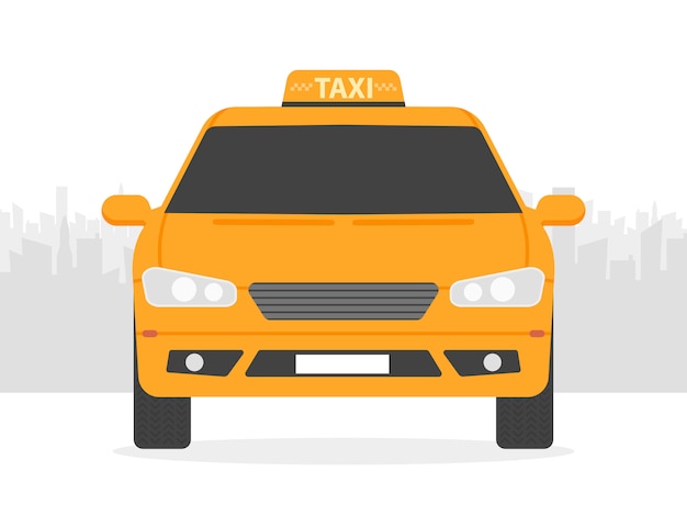 街のシルエット シンプルなフラットデザインのベクトル図の前に黄色のタクシー車 プレミアムベクター