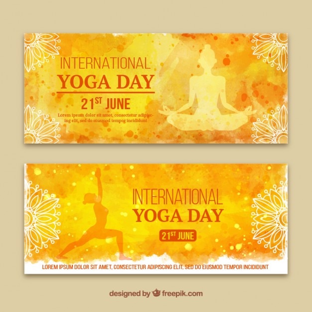 Yellow watercolor yoga day banners
