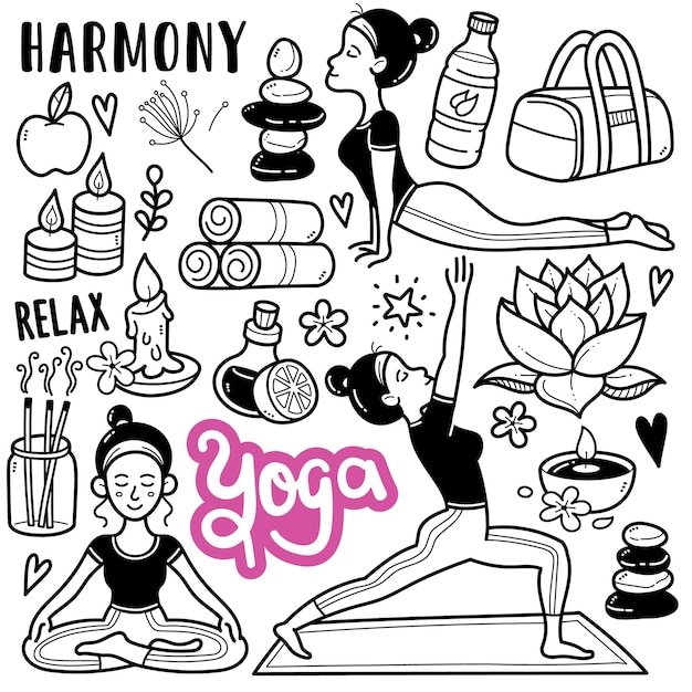 Premium Vector | Yoga activity black and white doodle illustration