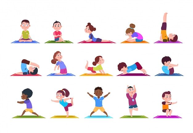 Yoga kids. cartoon children doing yoga. sporting girls and boys in gym ...