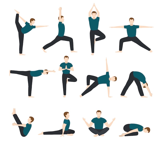 Yoga man vector men yogi character training flexible exercise pose illustration Premium Vector