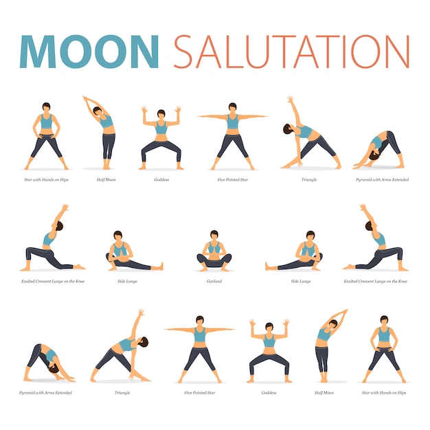 Yoga Poses In Concept Of Yoga Moon Salutation In Flat Design For ...