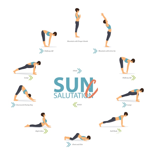 Yoga poses in concept of yoga sun salutation c in flat design for ...