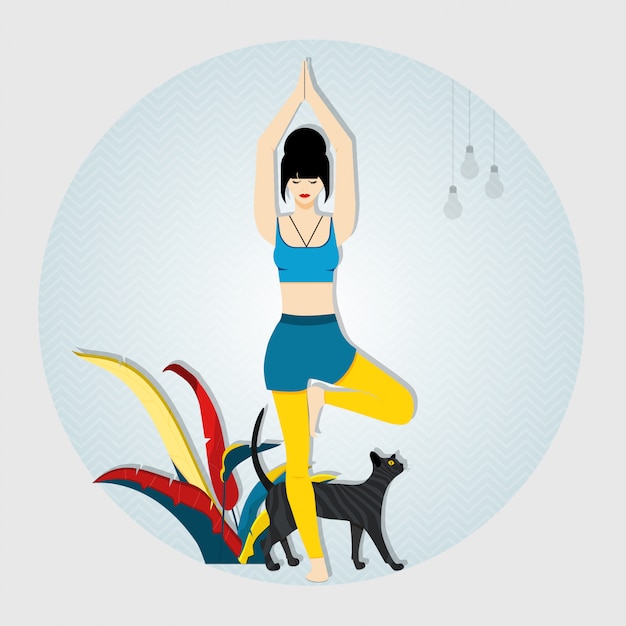 ヨガ ツリーに立っている女性は ヨガのポーズと瞑想をもたらします 女性の隣に猫が座っています ベクトルイラスト プレミアムベクター