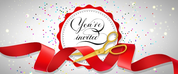 You are invited festive banner with confetti, text on white circle and gold scissors Free Vector
