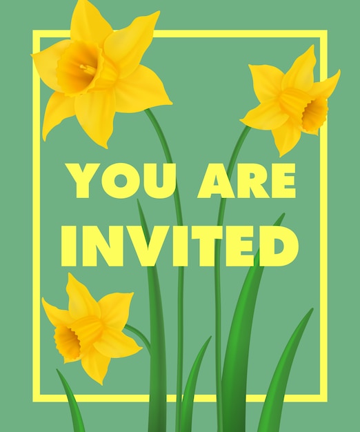 You are invited lettering with yellow narcissus\
on blue background.