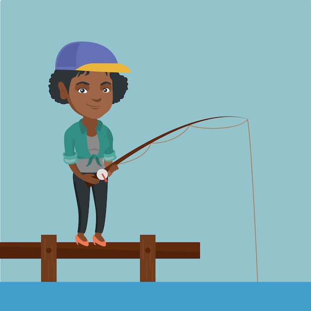 Download Young african-american woman fishing on jetty. Vector ...