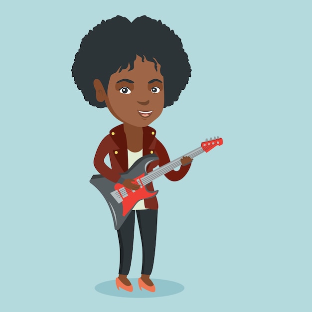 Premium Vector | Young african woman playing the electric guitar.