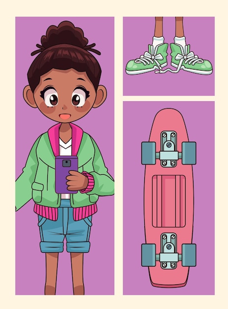 靴とスケートボードのアニメキャラクターイラストと若いアフロティーンエイジャーの女の子 プレミアムベクター