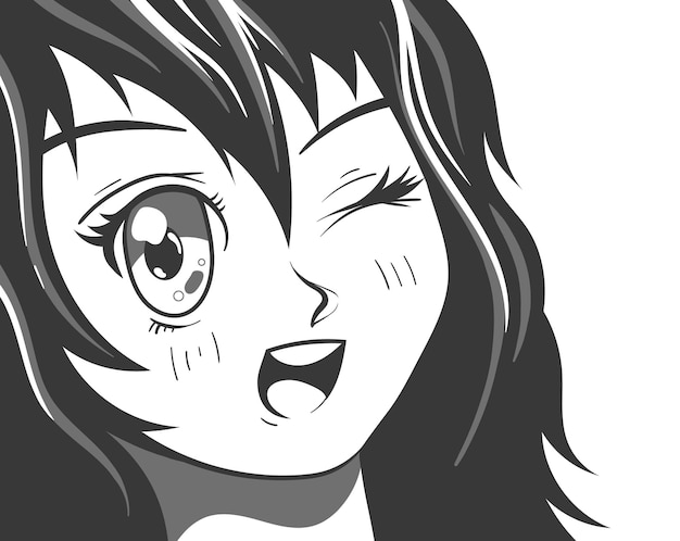 若いアニメの女の子黒と白の笑顔フラット漫画モダンなスタイルのグラフィックイラスト プレミアムベクター
