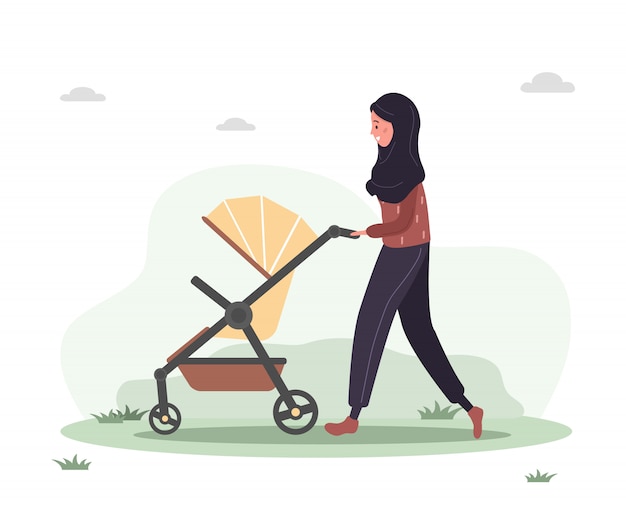 乳母車で彼女の生まれたばかりの子供と歩いて若いアラブの女性 ベビーカーと野外で自然の中で赤ちゃんと一緒に散歩の女の子 フラットスタイルのイラスト プレミアムベクター