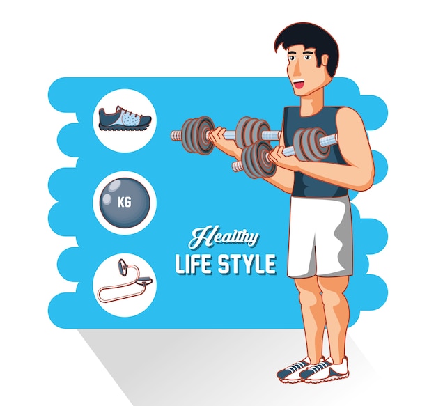 Young athlete training sport with healthy lifestyle icons | Premium Vector