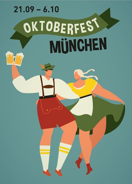 Premium Vector | Young bavarian couple dance oktoberfest munich poster