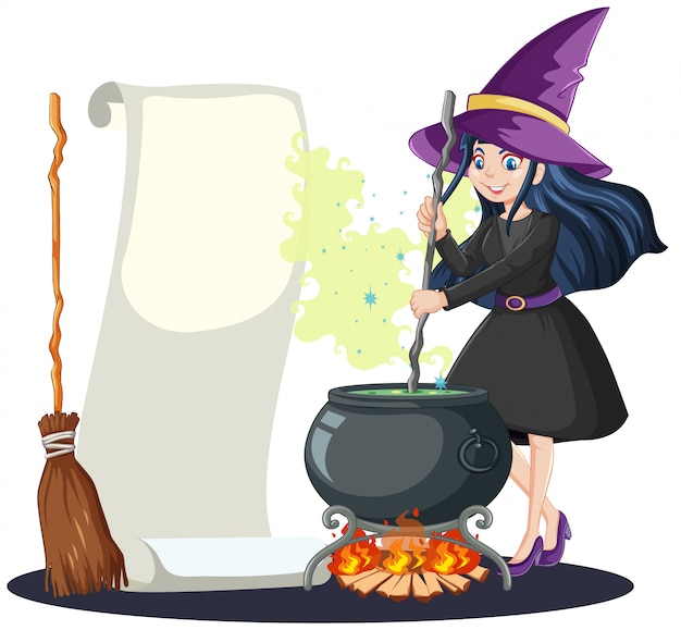 黒魔法の鍋とほうきの柄と分離された白紙のメモ紙漫画スタイルの若い美しい魔女 無料のベクター