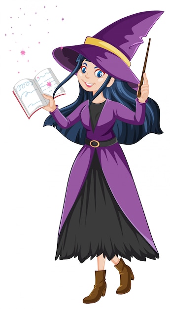 Young beautiful witch with magic wand and book cartoon style isolated
