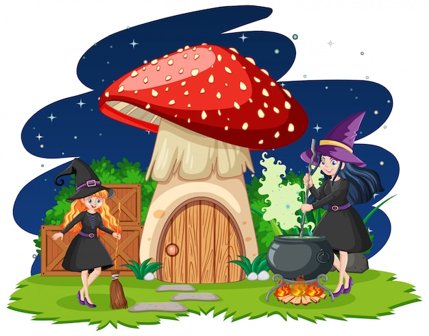 Premium Vector Young Beautiful Witches With Mushroom House Cartoon Style Isolated On White Background