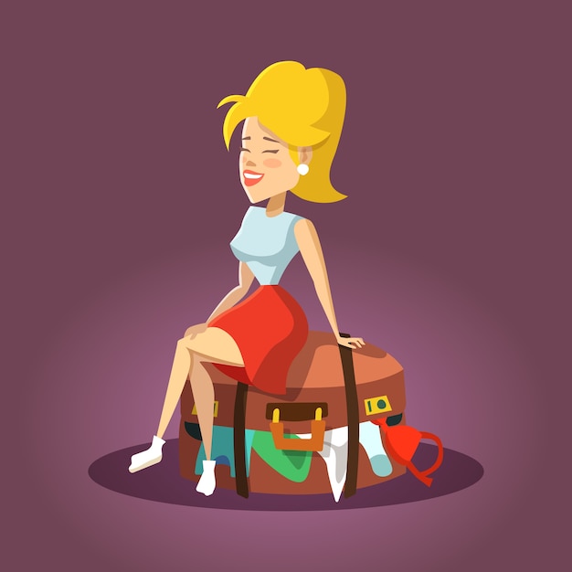 Premium Vector Young Beautiful Woman Sitting On Overflowed Suitcase Cartoon Tourist Girl 