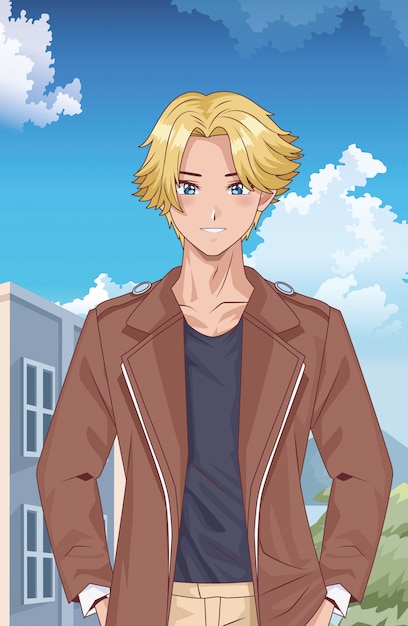 Young blond boy character outdoor scene | Premium Vector