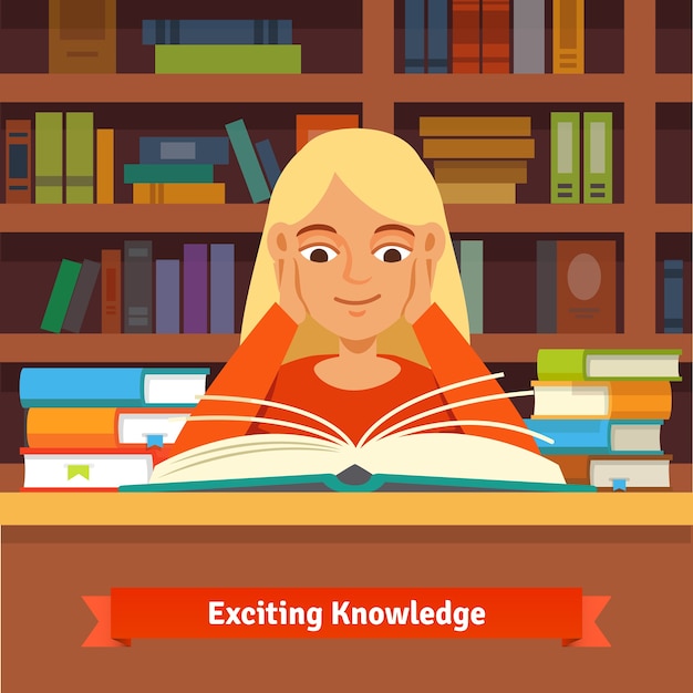 Download Free Vector | Young blonde girl reading book in a library