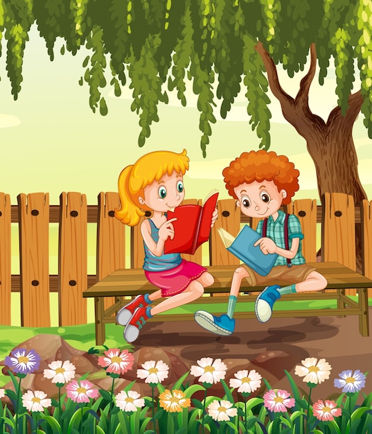 Free Vector Young Boy And Girl Reading Book In The Garden Scene