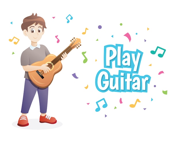 Download Young boy playing guitar | Premium Vector