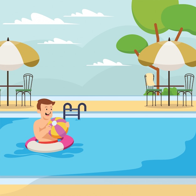 Premium Vector | A young boy playing in swimming pool alone