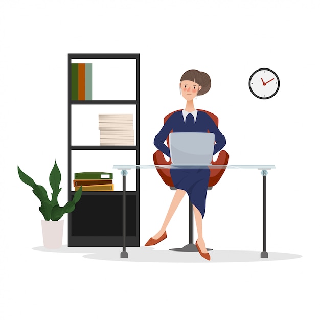 Premium Vector | Young business woman working on laptop in office. hand ...