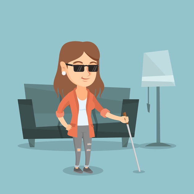 Premium Vector | Young caucasian blind woman with a stick.