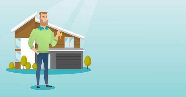 Young caucasian homeowner with key. Premium Vector