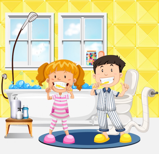 Premium Vector | Young children brushing their teeth scene