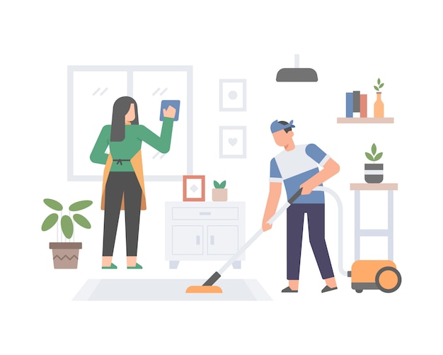 Premium Vector A Young Couple Cleaning The House Together 