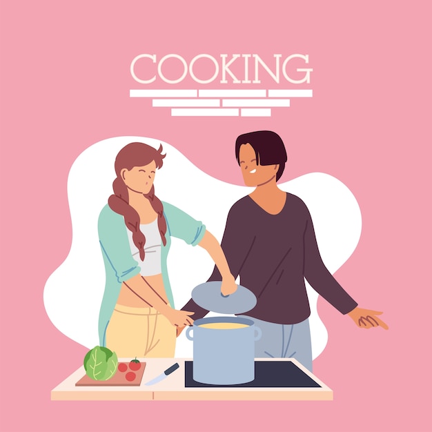 若いカップルがおいしいディナーイラストデザインを調理 プレミアムベクター
