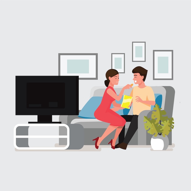 Premium Vector | Young couple eating snack. man and woman sit on ...