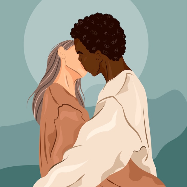 若いカップルがお互いを押しながらキスします ロマンチックな関係 デート 愛 情熱のイラストのコンセプトです プレミアムベクター