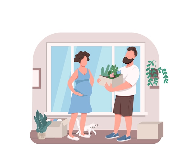 花を植える若いカップル2dウェブバナー ポスター 漫画の背景に屋内ガーデニングフラットキャラクターで妊娠中の妻を助ける夫 印刷可能なパッチ カラフルな ウェブ要素 プレミアムベクター