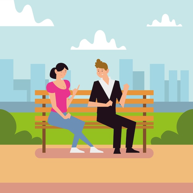 Premium Vector | Young couple talking sitting on bench park illustration