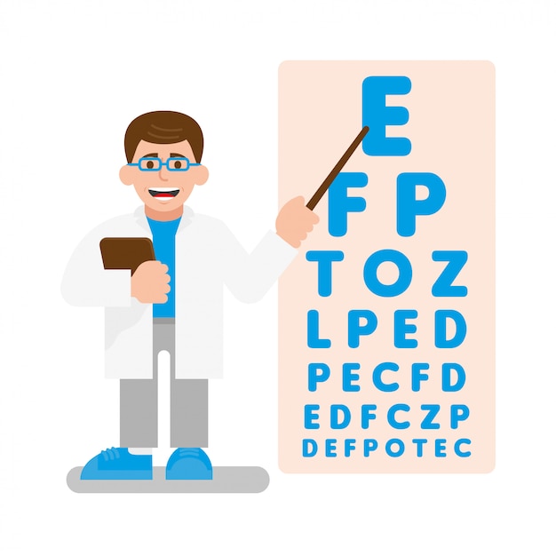 若いかわいい医者の眼科医は視力検査を実施します 彼は毎回小さくなっている多くの手紙でポスターにポインターを示します モダンなイラストフラットデザインの漫画のキャラクター プレミアムベクター