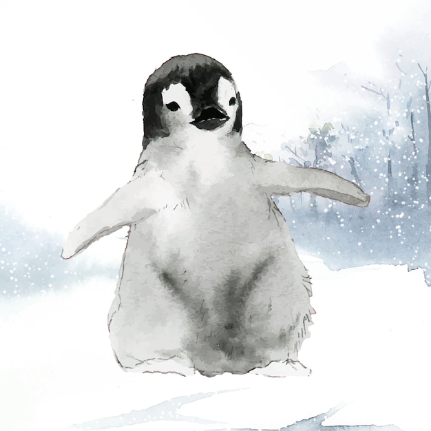 雪の水彩ベクトルの若い皇帝ペンギン 無料のベクター