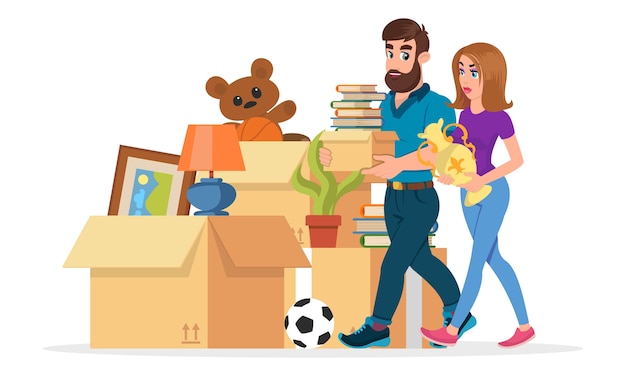 Premium Vector | Young family collecting things to move to other ...