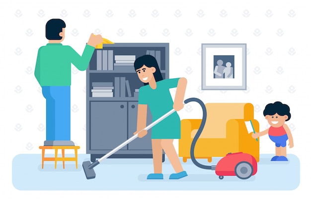 Premium Vector | Young family house cleaning flat illustration