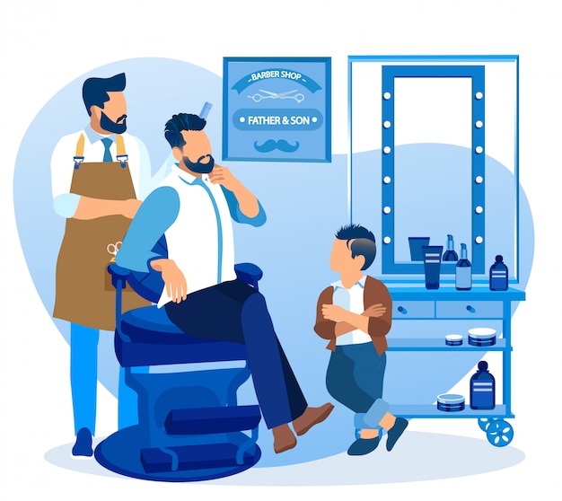 Young father and son visiting beauty barber salon Premium Vector