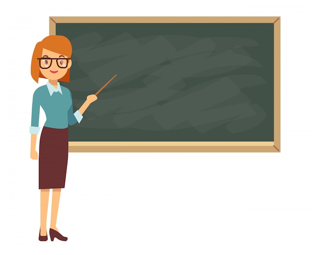 Premium Vector Young Female Teacher On Lesson At Blackboard In Classroom 9559