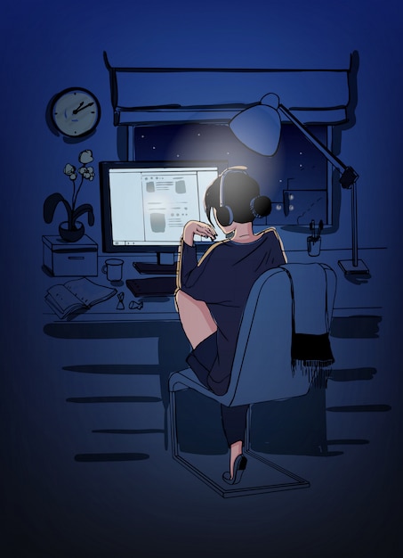 暗い部屋でコンピューターに座って 夜間に働く若いフリーランサーの女性 学生が自宅で試験の準備をしています 一晩の仕事の概念 プレミアムベクター