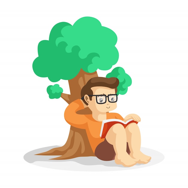 Young geek boy reading book under the trees vector illustration ...