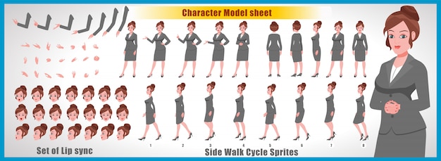 Young girl character model sheet with walk cycle animations and lip syncing Premium Vector