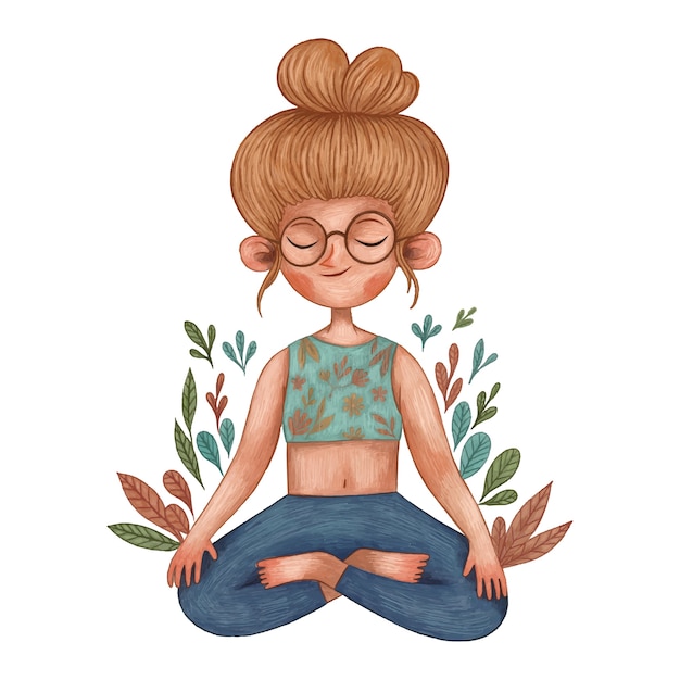 Premium Vector | Young girl meditation illustration, pencil color ...