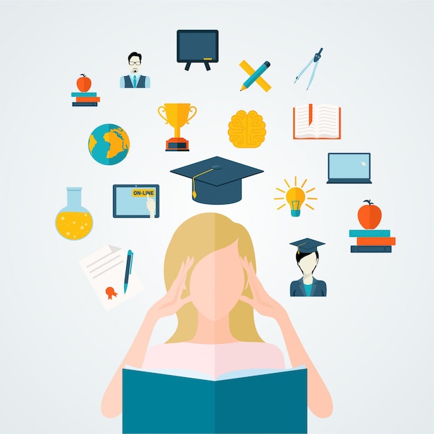 Young girl student reading the book with education and learning thoughts vector illustration Free Vector