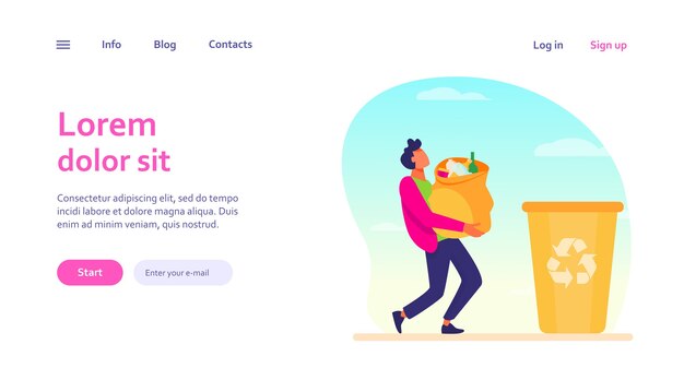 ゴミ箱にゴミとバッグを運ぶ若い男 コンテナ ゴミ がらくた ウェブサイトのデザインやランディングウェブページのエコロジーとリサイクルのコンセプト 無料のベクター