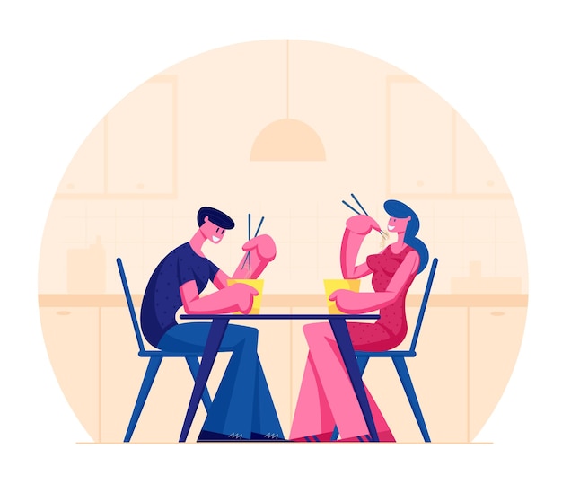 Premium Vector | Young happy couple eating asian food in box holding ...