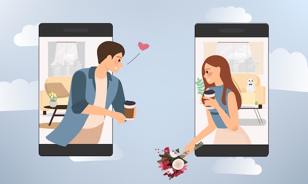 Young happy couple use mobile phone to communicate for social distancing Premium Vector